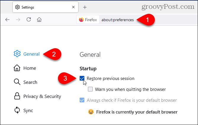في Firefox ، حدد استعادة الجلسة السابقة