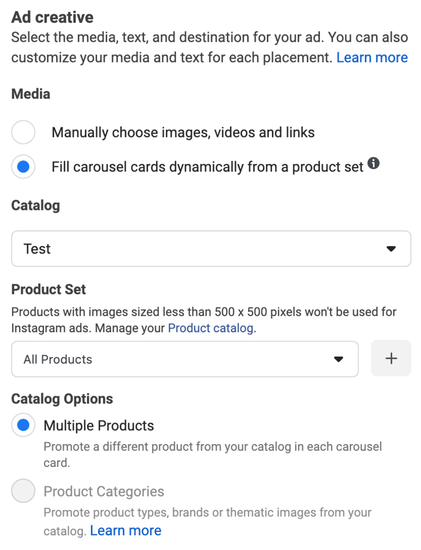 صورة لخيار Fill Carousel Cards ديناميكيًا من خيار مجموعة المنتجات المحدد أثناء إعداد إعلان Facebook
