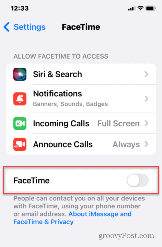 قم بإيقاف تشغيل Facetime iphone