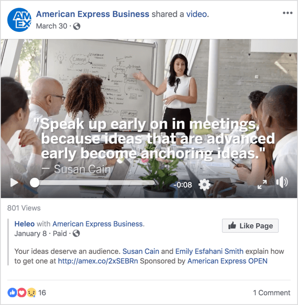 يعرض إعلان Facebook هذا الخاص بشركة American Express Business سوزان كاين ، وهي خبيرة مشهورة في القيادة والإدارة حققت شهرة من خلال حديث TED Talk.