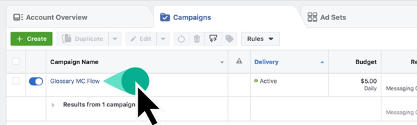 حدد موقع اسم حملتك في Facebook Ads Manager.