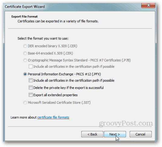 تصدير شهادة Windows - قبول الإعدادات الافتراضية