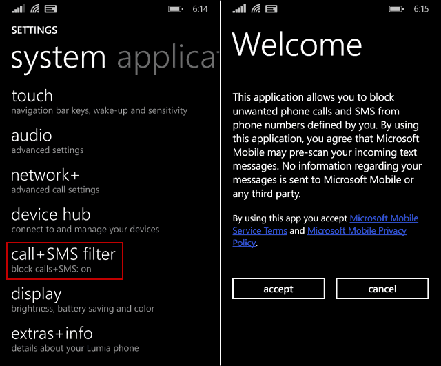 حظر المكالمات الهاتفية والرسائل القصيرة غير المرغوب فيها على Windows Phone 8.1