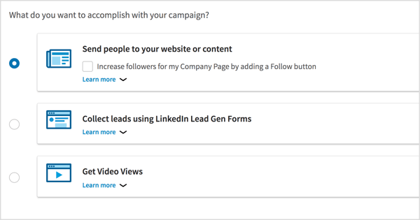 اختر هدف الحملة لحملة إعلان الفيديو على LinkedIn.