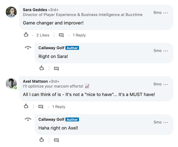 تعليقات أعضاء LinkedIn على منشور Callaway Golf