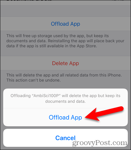 انقر فوق Offload App مرة أخرى