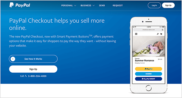 هذه لقطة شاشة لصفحة ويب خدمة PayPal Checkout. لها خلفية زرقاء ونص أبيض. يقول العنوان "يساعدك PayPal Checkout على بيع المزيد عبر الإنترنت." يظهر زران أسفل العنوان: زر أزرق يسمى See How It يعمل وأبيض المسمى تسجيل. على اليمين صورة هاتف ذكي مع ميزة PayPal Checkout على الهاتف المحمول موقع الكتروني.