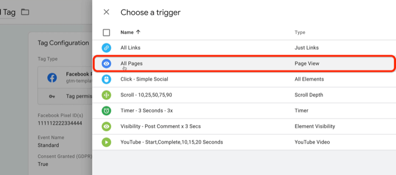 علامة google tag manager الجديدة مع اختيار خيارات قائمة التشغيل مع تحديد جميع الصفحات وتسليط الضوء عليها