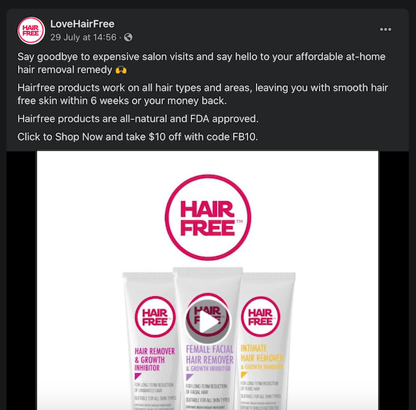 منشور على فيسبوك من lovehairfree يشير إلى منتجات إزالة الشعر من خلال مقارنتها بزيارات الصالون باهظة الثمن