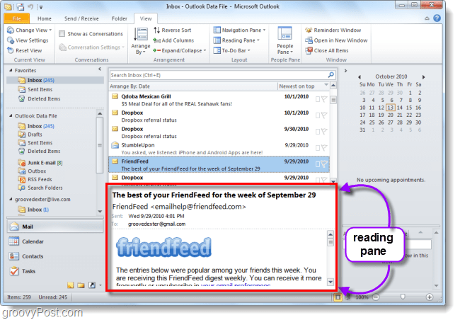 جزء البريد الإلكتروني الافتراضي لبرنامج Outlook 2010