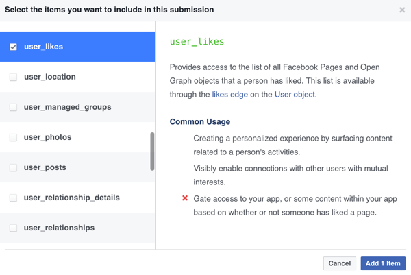 حدد العناصر التي تريد تضمينها في إرسال تطبيق Facebook الخاص بك.