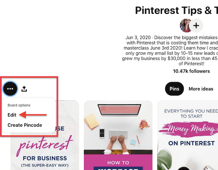 لقطة شاشة للوحة pinterest مع تمييز قائمة النقاط الثلاث وتحديد خيار التحرير