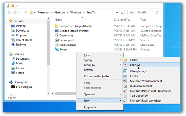 أضف التشغيل السريع إلى قائمة الإرسال إلى السياق في Windows 7
