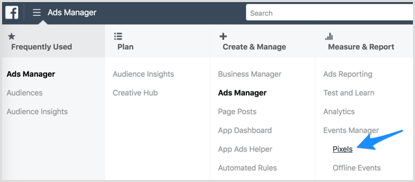 قم بالوصول إلى Facebook pixel عبر Ads Manager.