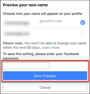 تأكيد تغيير اسم Facebook في تطبيق الجوال
