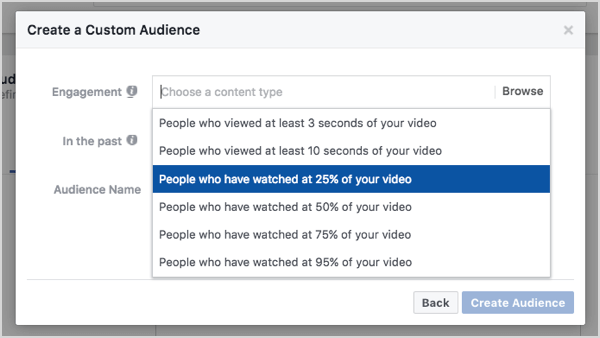 جمهور مخصص على Facebook بناءً على 25٪ من مشاهدات الفيديو.