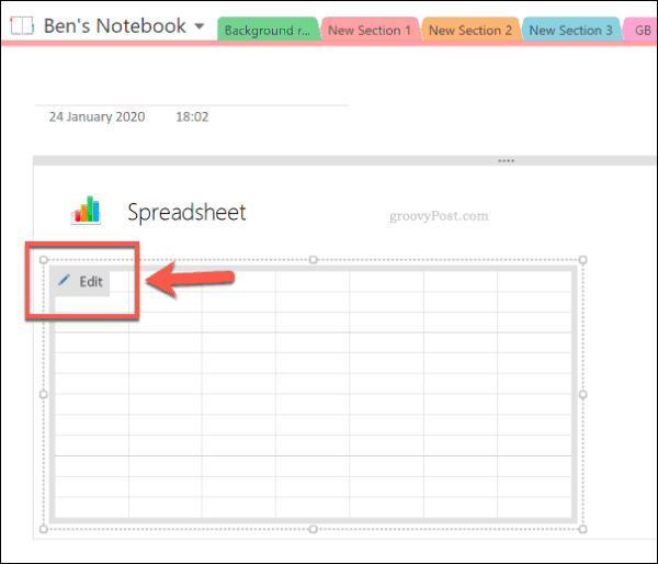 قم بتحرير جدول بيانات Excel جديد في OneNote