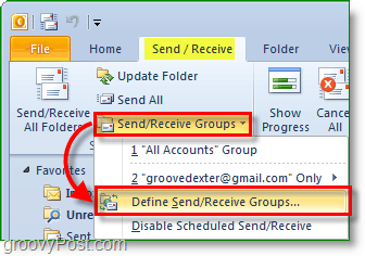 لقطة شاشة لبرنامج Outlook 2010 - إرسال واستقبال المجموعات - تحديد المجموعات
