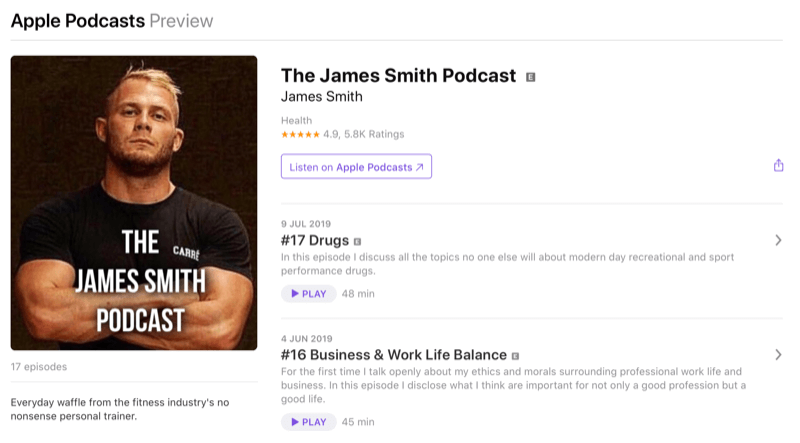 استراتيجية التسويق عبر وسائل التواصل الاجتماعي ؛ لقطة من بودكاست جيمس سميث على Apple Podcasts. جيمس هو مؤثر معروف في مجال اللياقة البدنية.