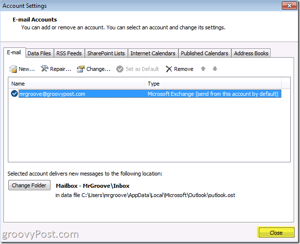 زر إغلاق لقطة شاشة Outlook 2010 لحفظ وفورات الحساب