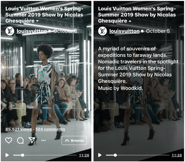 مثال على عرض IGTV من Louis Vuitton لعرض الأزياء النسائي لربيع وصيف 2019.