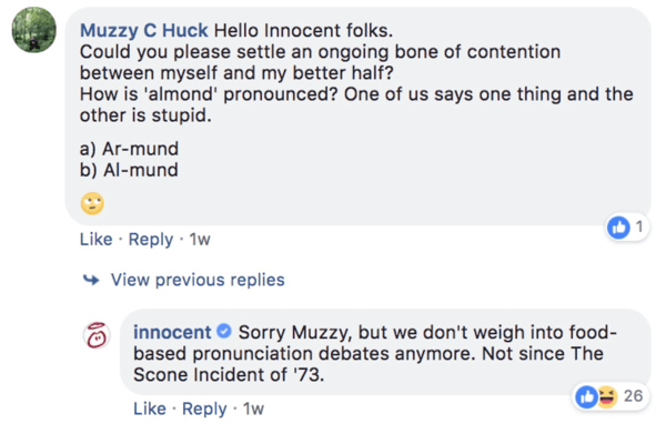 مثال على رد Innocent على سؤال تعليق على منشور على Facebook.
