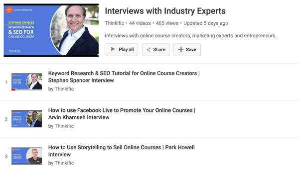 تحتوي قناة Thinkific على YouTube على سلسلة من المقابلات مع منشئي الدورات التدريبية عبر الإنترنت.