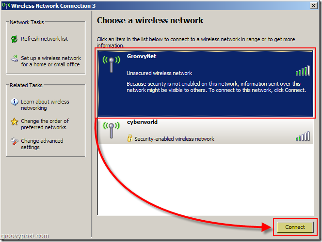 قائمة Windows XP لاختيار لقطة شاشة للشبكة اللاسلكية:: groovyPost.com