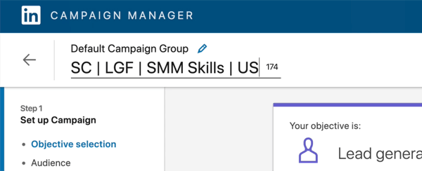 تم تحرير لقطة شاشة لاسم حملة LinkedIn ليقول "SC | LGF | مهارات SMM | نحن