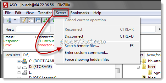 البحث عن الملفات عن بعد FTP FileZilla