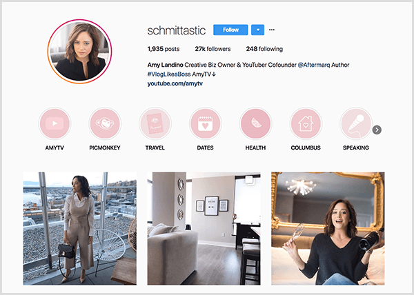 يستخدم ملف تعريف Amy Landino على Instagram المقبض schmittastic. يعرض ملفها الشخصي على Instagram فئات Highlight لـ AmyTV و Picmonkey و Travel و Dates و Health و Columbus و Speaking. الصور تظهر صور ايمي.