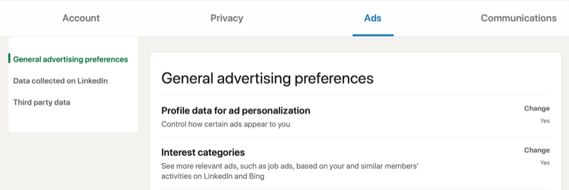 إعدادات حساب قائمة Linkedin لتفضيلات الإعلانات العامة