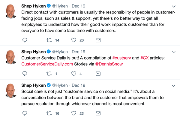 هذه لقطة شاشة لثلاث تغريدات كتبها Shep Hyken حول خدمة العملاء.