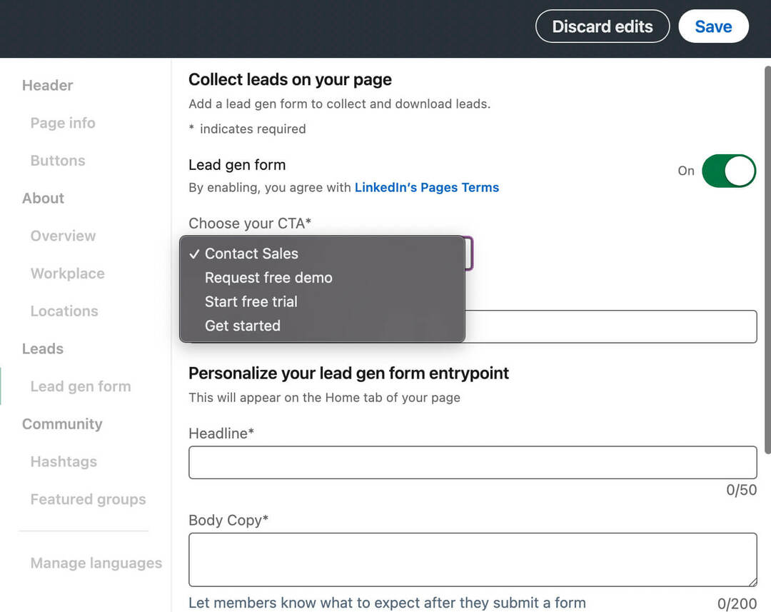 العضوية-LinkedIn-Lead-gen-Forms-how-to-create-company-page-cta-step-2