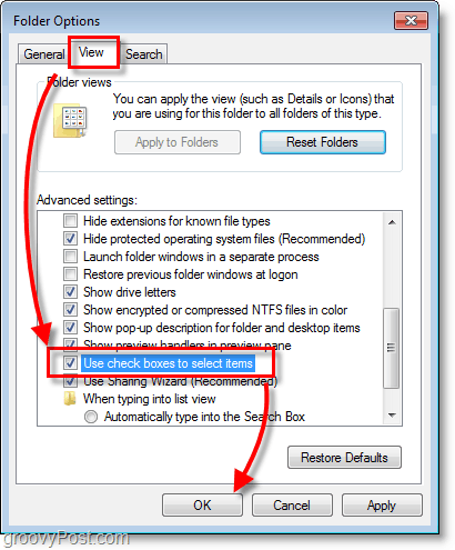 لقطة شاشة لنظام التشغيل Windows 7 - عرض خيارات المجلد وخانات الاختيار لتحديد العناصر