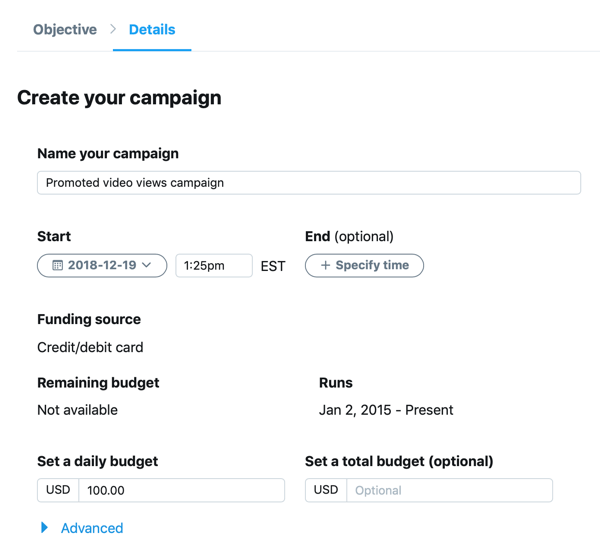 مثال على إعدادات الحملة لإعلان Twitter الخاص بمشاهدات الفيديو الدعائية.