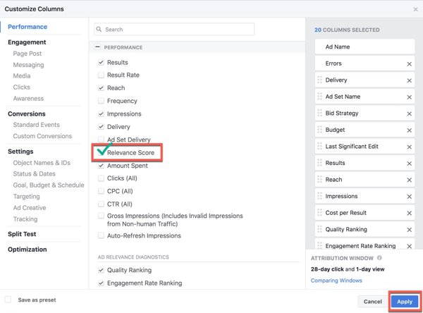 أضف درجة الملاءمة إلى أعمدة تقارير Facebook Ads Manager.