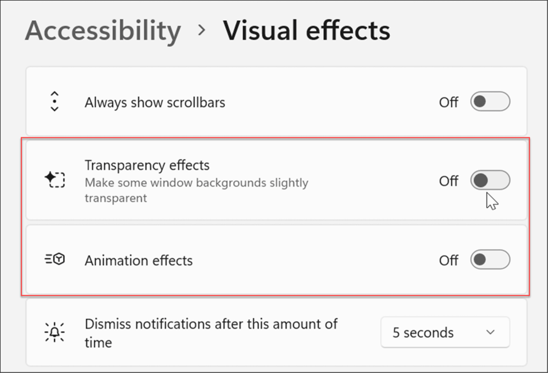 إمكانية الوصول تأثيرات بصرية windows 11 إعدادات