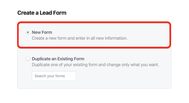 خيار نموذج جديد في Facebook Create a Lead Form window