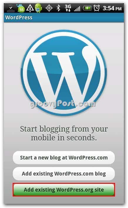 Wordpress on Android Setup Menu - إضافة موقع ويب موجود