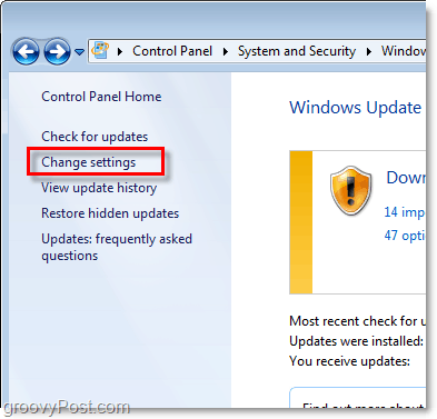 Windows 7 - لقطة شاشة لارتباط تكوين Windows Update