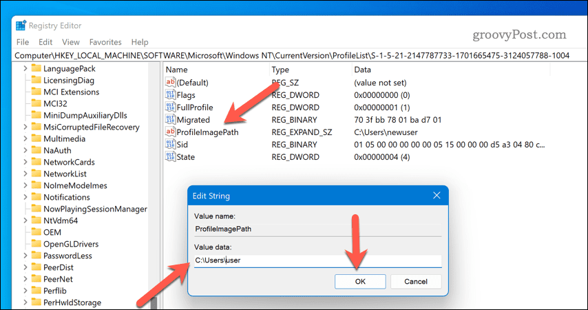 إعادة تسمية مسار ملف تعريف المستخدم في Windows 11 regedit