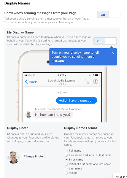 يسمح Facebook لمشرفي الصفحة بتحديد اسم العرض الخاص بهم عندما يستخدمون Messenger نيابة عن صفحتهم أو أعمالهم.