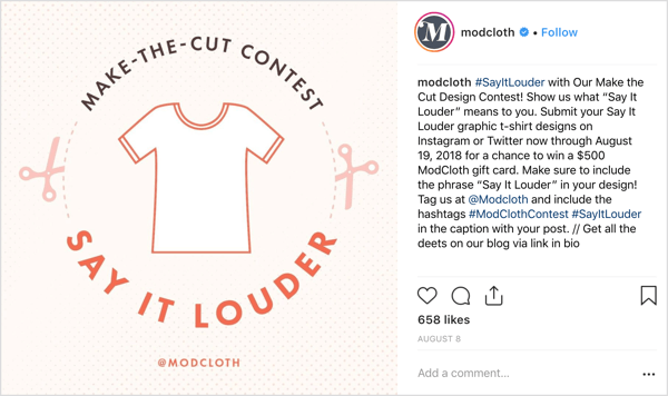طلبت ModCloth من مستخدمي Instagram مشاركة تصميماتهم الخاصة في المنشورات الأصلية وقدمت حافزًا سخيًا (بما يتناسب مع المهمة): فرصة للفوز ببطاقة هدايا بقيمة 500 دولار.