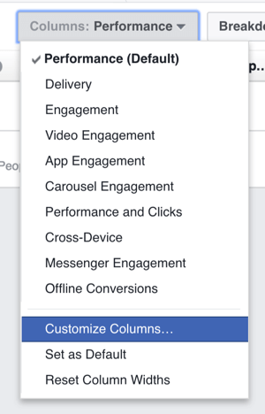 يمكنك تخصيص الأعمدة المعروضة في جدول نتائج إعلانات Facebook.