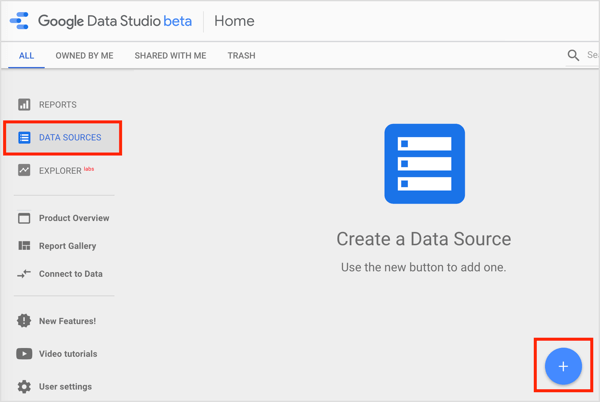 افتح علامة التبويب "مصادر البيانات" وانقر فوق الزر + الموجود على اليمين.