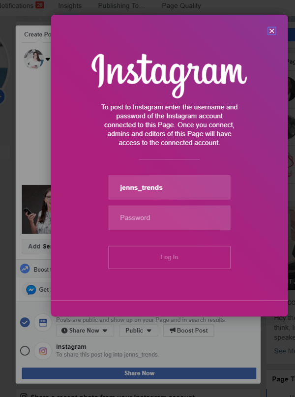 كيفية النشر المتقاطع على Instagram من Facebook على سطح المكتب ، الخطوة 4 ، تسجيل الدخول إلى Instagram