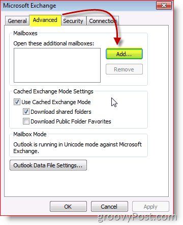Outlook 2010 لقطة شاشة متقدمة لتبادل علامة التبويب إضافة صندوق بريد