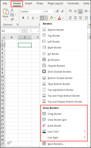 خيارات الحدود في Excel