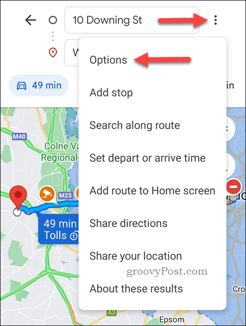 افتح خيارات اتجاهات خرائط جوجل